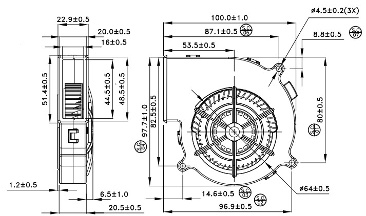 Габаритные размеры радиального вентилятора охлаждения BFB1012HD-04D4L Delta Electronics Габаритные размеры радиального вентилятора охлаждения BFB1012HD-04D4L Delta Electronics