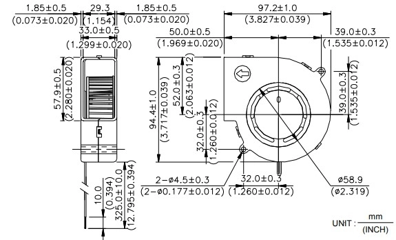 Габаритные размеры радиального вентилятора охлаждения BFB1012L-A Delta Electronics Габаритные размеры радиального вентилятора охлаждения BFB1012L-A Delta Electronics