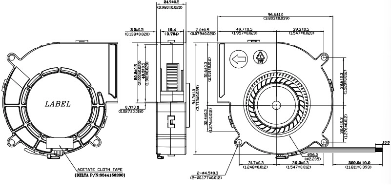 Габаритные размеры радиального вентилятора охлаждения BFB1012UH-BA40ZYD Delta Electronics