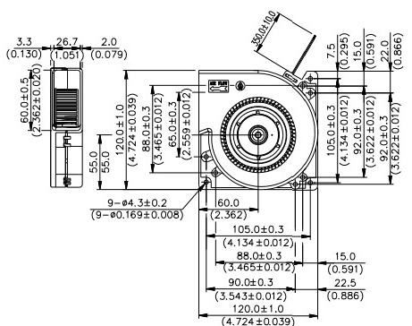 Габаритные размеры радиального вентилятора охлаждения BFB1212VH Delta Electronics Габаритные размеры радиального вентилятора охлаждения BFB1212VH Delta Electronics