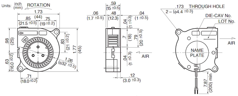 Габаритные размеры радиального вентилятора BM4515-04W-B50 NMB Technologies