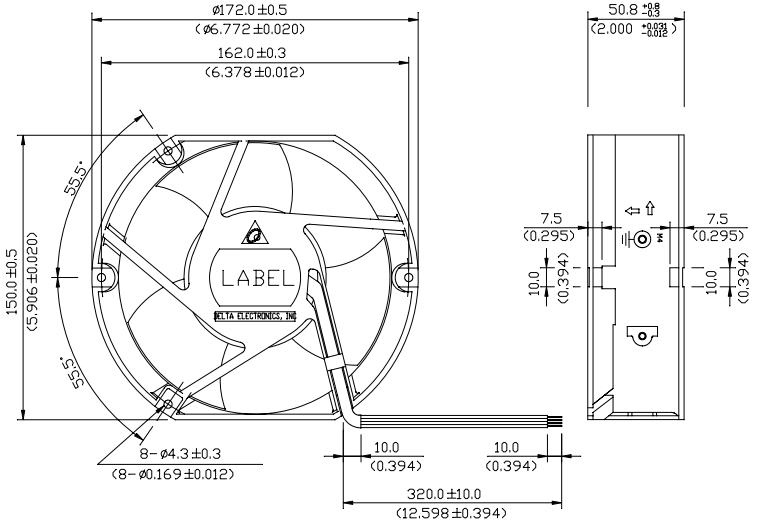 Габаритные размеры вентилятора охлаждения EFB1548VHG-TP14 Delta Electronics