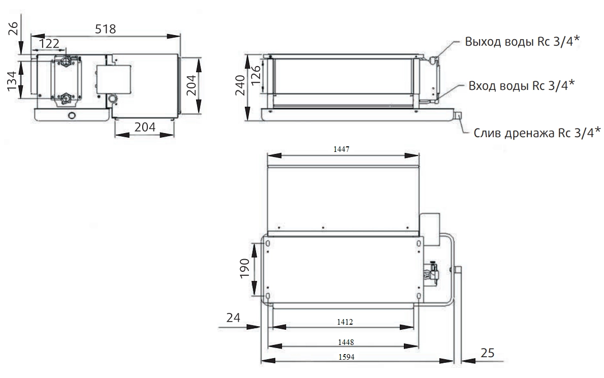 Габаритные и монтажные размеры фанкойла SYSIMPLE FDT90A