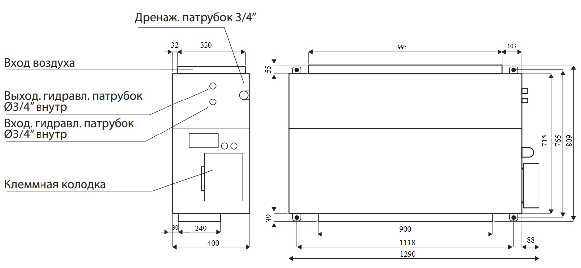 Габаритные и монтажные размеры фанкойла SYSIMPLE FDTH200M