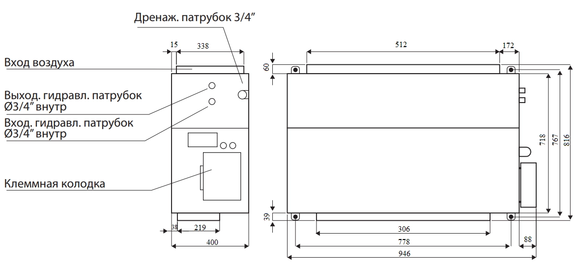 Габаритные и монтажные размеры фанкойла SYSIMPLE FDTH100M