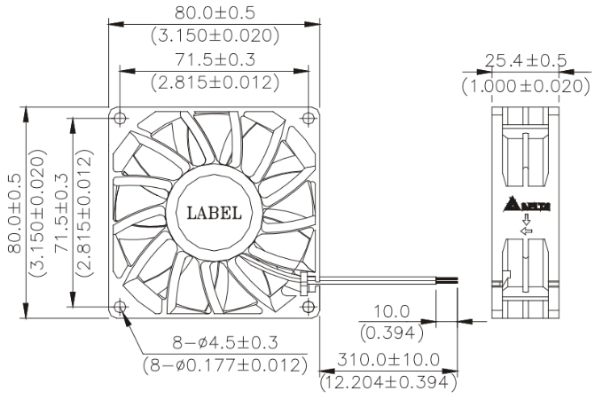 Габаритные размеры вентилятора охлаждения FFB0812SH-R00 Delta Electronics Габаритные размеры вентилятора охлаждения FFB0812SH-R00 Delta Electronics