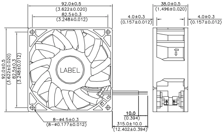 Габаритные размеры вентилятора охлаждения FFB0924EHE-T500 Delta Electronics Габаритные размеры вентилятора охлаждения FFB0924EHE-T500 Delta Electronics