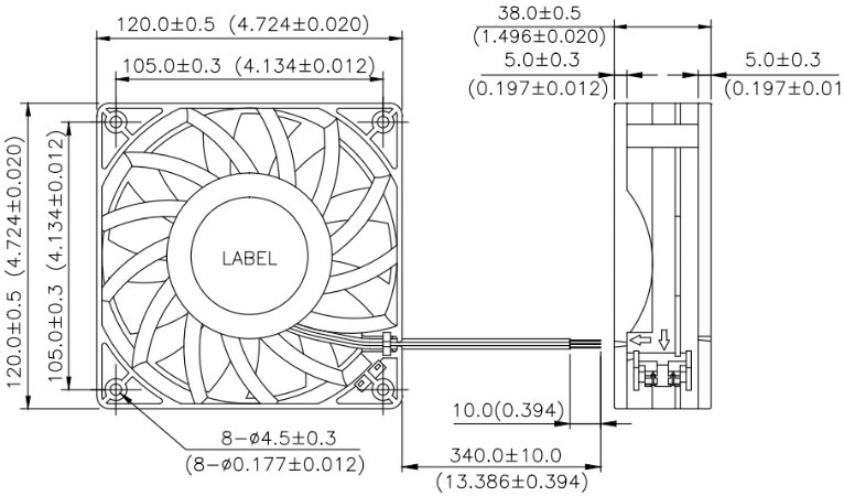Габаритные размеры вентилятора охлаждения FFB1224SHE-R00 Delta Electronics Габаритные размеры вентилятора охлаждения FFB1224SHE-R00 Delta Electronics