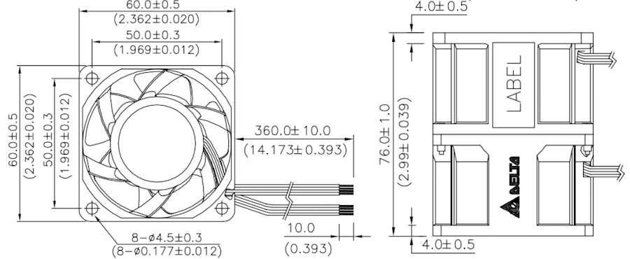 Габаритные размеры вентилятора охлаждения GFC0624DW-DT48 Delta Electronics
