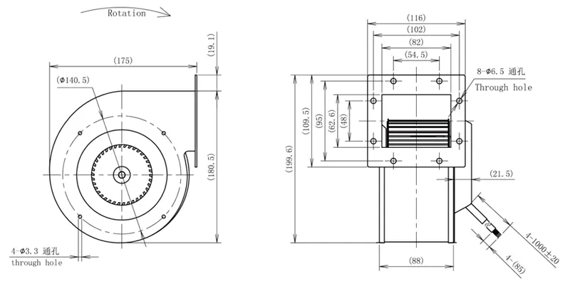 Габаритные размеры центробежного вентилятора LONGWELL LWFD3G-133-072SM-01 Лонгвелл Габаритные размеры радиального DC вентилятора LWFD3G-133-072SM-01 Лонгвелл