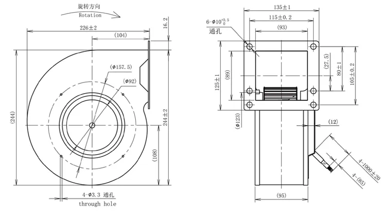 Габаритные размеры центробежного вентилятора LONGWELL LWFD3G-150-092SM-01 Лонгвелл Габаритные размеры радиального DC вентилятора LWFD3G-150-092SM-01 Лонгвелл
