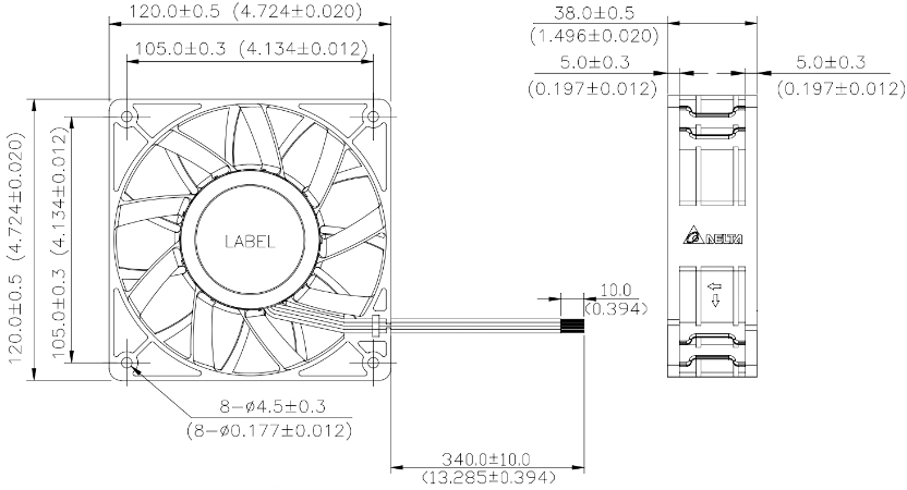 Габаритные размеры вентилятора охлаждения PFB1248XHE-TP17 Delta Electronics