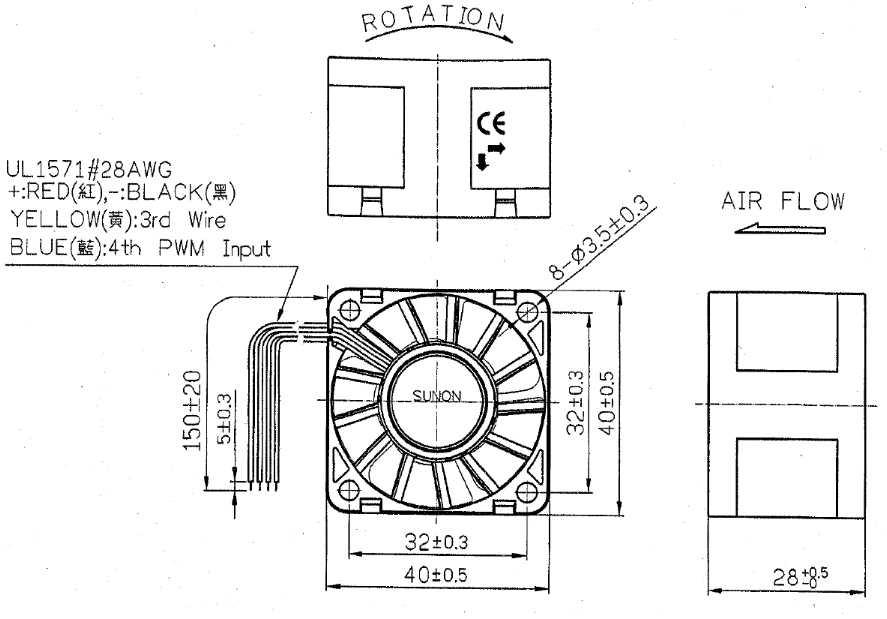 Габаритные размеры Sunon SG40281B1-000U-S99 Габаритные размеры Sunon SG40281B1-000U-S99