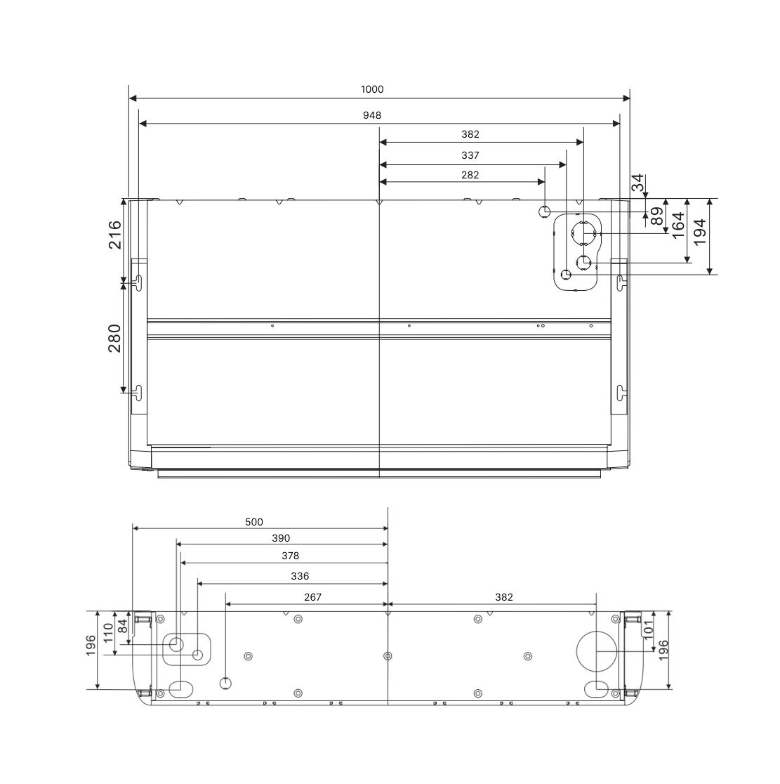 Габаритные размеры внутреннего блока SYSPLIT CEILING 18 EVO HP Q