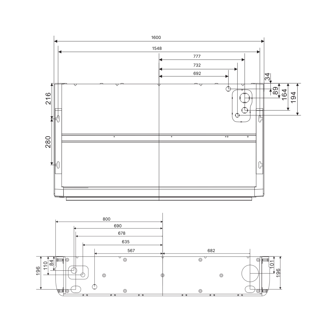 Габаритные размеры внутреннего блока SYSPLIT CEILING 60 EVO HP R