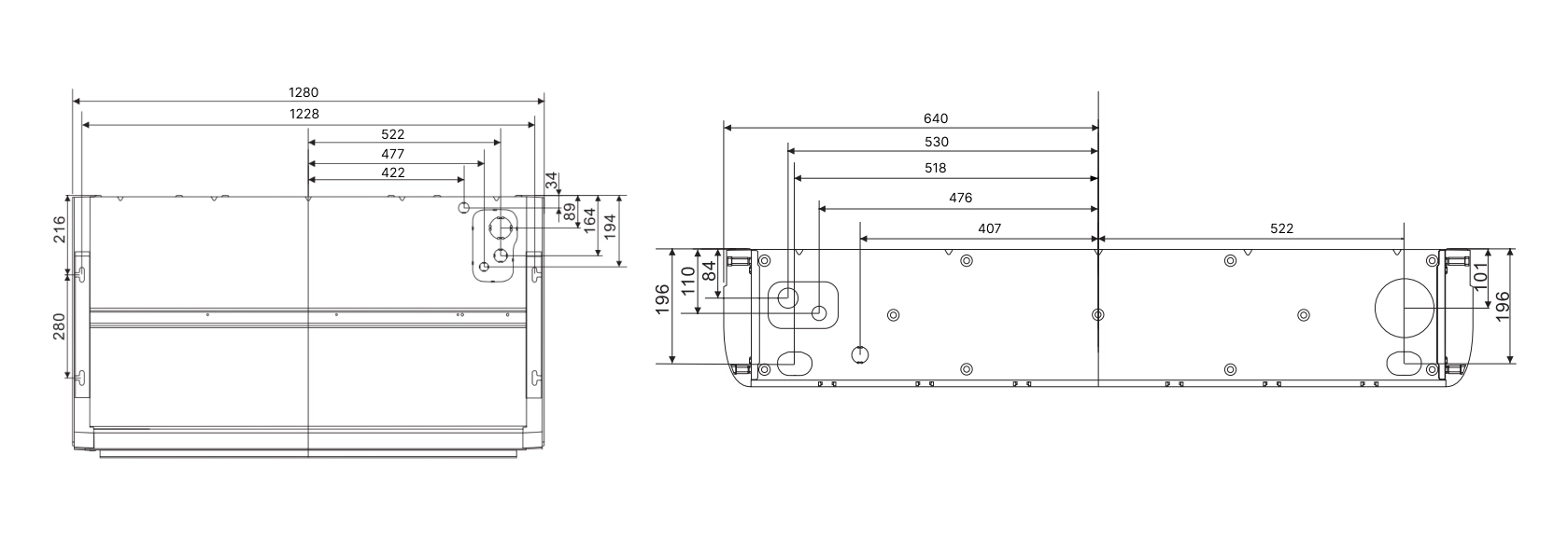 Габаритные размеры внутреннего блока SYSPLIT SIMPLE CEILING 24 HP Q