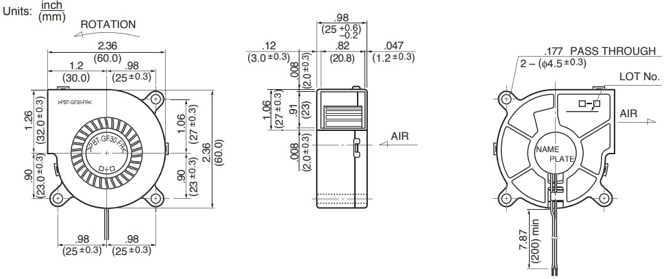Габаритные размеры радиального вентилятора BM6015-04W-B50 NMB Technologies