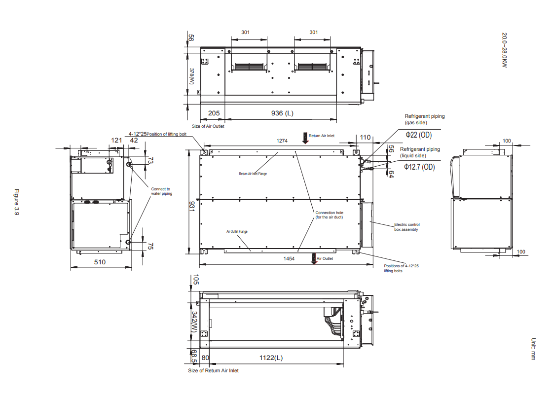 Габаритные размеры внутреннего блока SYSVRF2 DUCT HP 200 Q