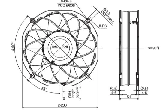 Габаритные размеры осевого вентилятора R200A0-051-D0760 NMB axial fan