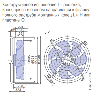 Габаритные размеры осевого вентилятора FN091-VDI.7Q.V5P1 FN Ziehl-Abegg