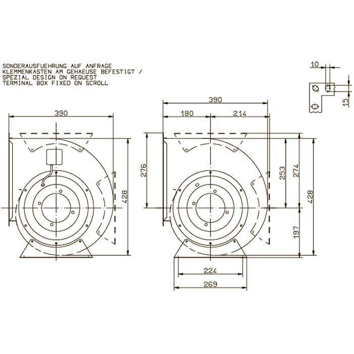 Габаритные размеры центробежного вентилятора RG22P-4DK.2F.1R RG-P Ziehl-Abegg Габаритные размеры осевого вентилятора RG22P-4DK.2F.1R RG-P Ziehl-Abegg