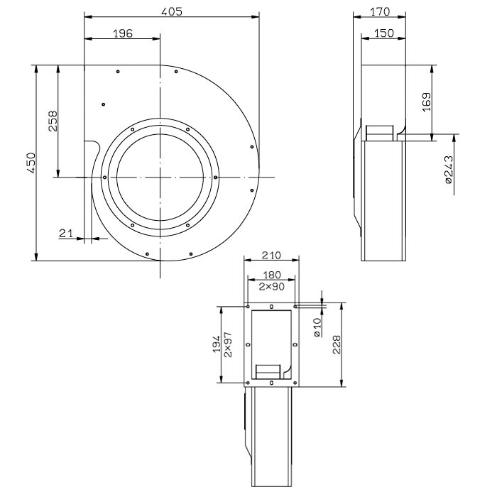 Габаритные размеры центробежного вентилятора RG28S-4DK.4F.5L RG-S Ziehl-Abegg Габаритные размеры осевого вентилятора RG28S-4DK.4F.5L RG-S Ziehl-Abegg