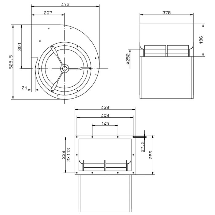 Габаритные размеры центробежного вентилятора RD28S-4DW.4R.2L RD-S Ziehl-Abegg Габаритные размеры осевого вентилятора RD28S-4DW.4R.2L RD-S Ziehl-Abegg