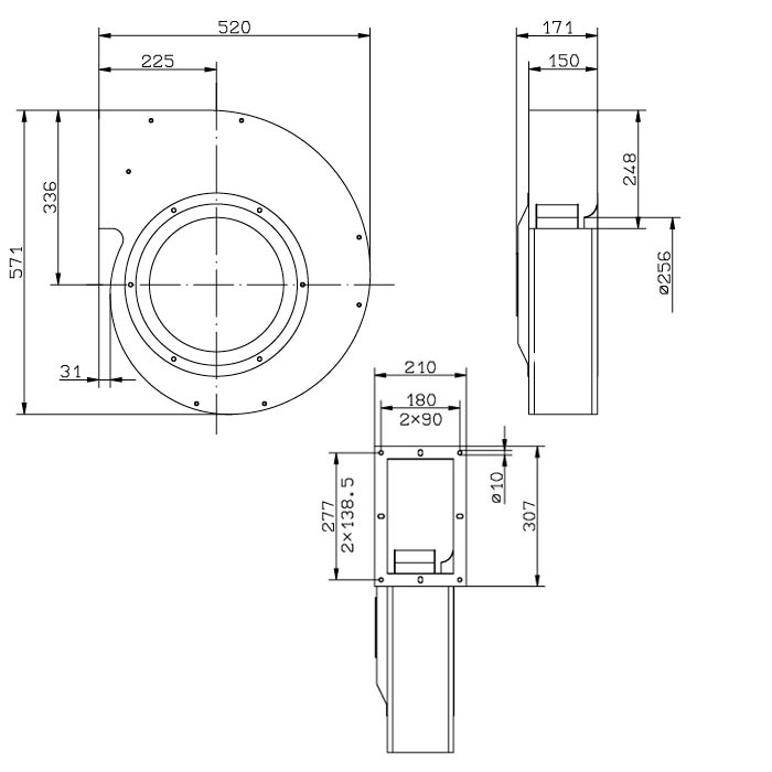 Габаритные размеры осевого вентилятора RG31S-4EK.6F.3L RG-S Ziehl-Abegg