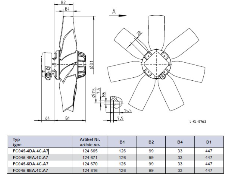 Габаритные размеры осевого вентилятора RD45A-4EW.6Q.1L RD-A Ziehl-Abegg