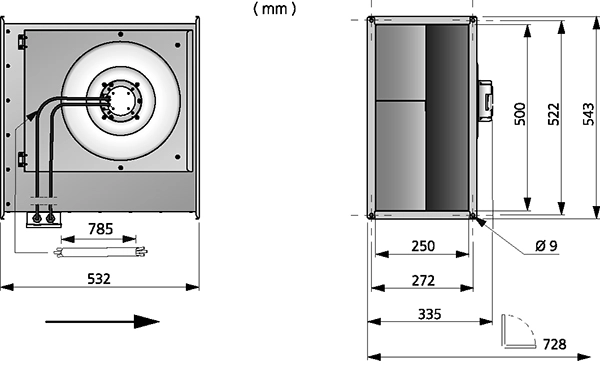 Размеры вентилятора RKB 500x250 B1 EC
